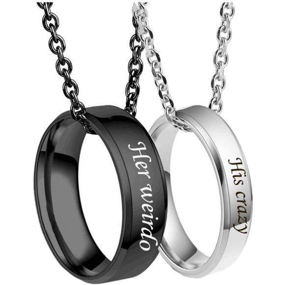 Matching Necklaces for Couples-His Crazy Her Weirdo Engraved Ring Pendant - Picture 1 of 8